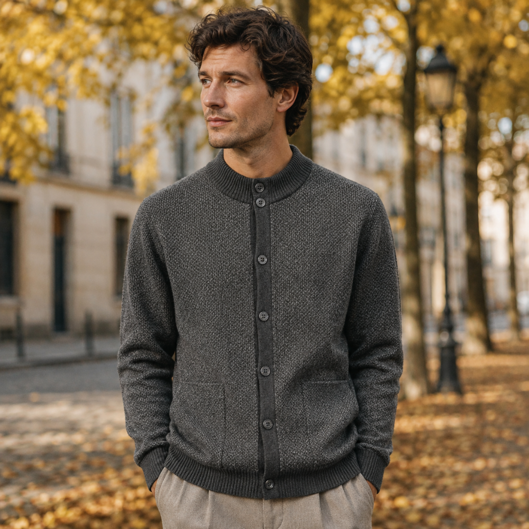 Gilet homme gris en maille texturée, boutons devant et deux poches plaquées