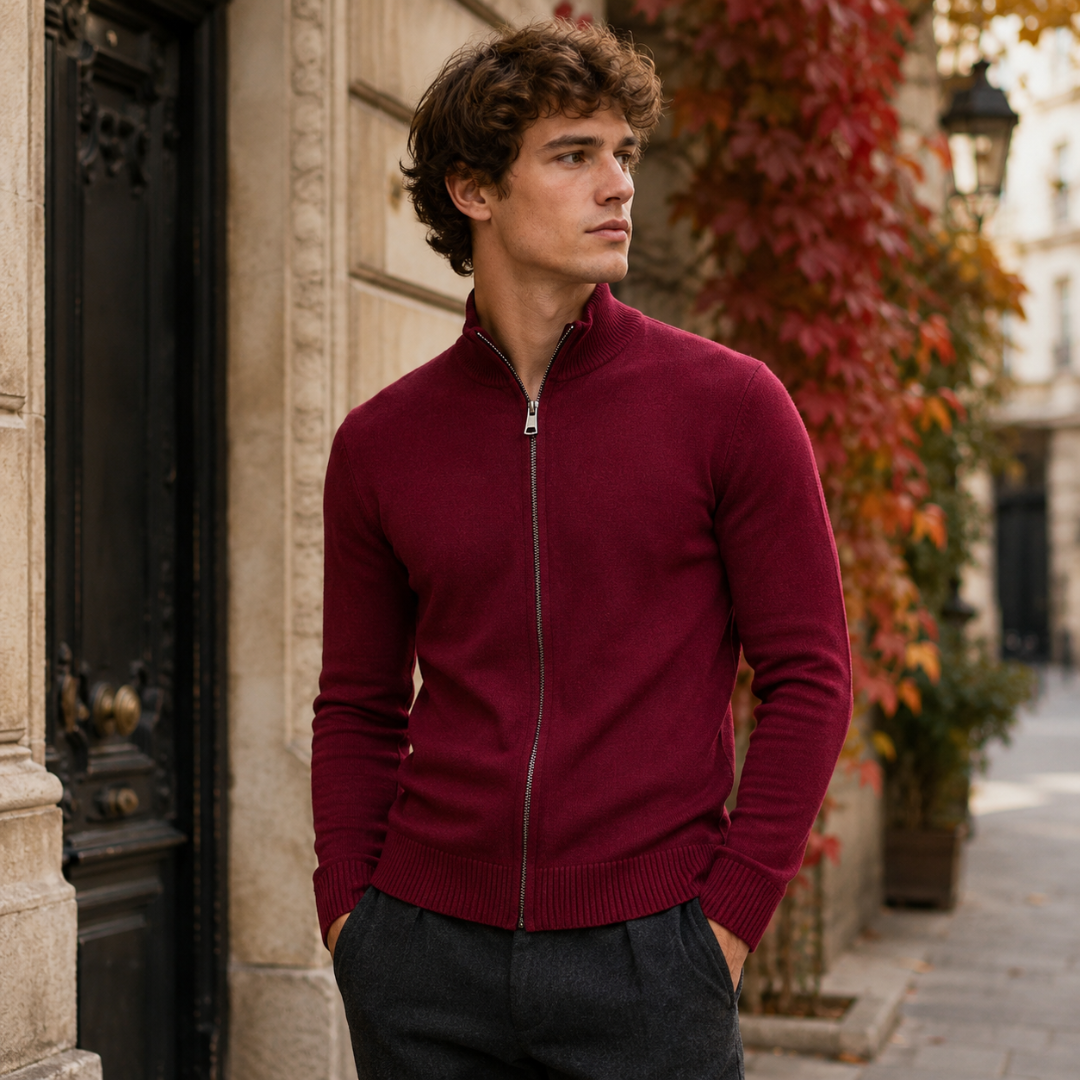 Gilet homme bordeaux zippé, col montant et poignets côtelés, feuillage automnal