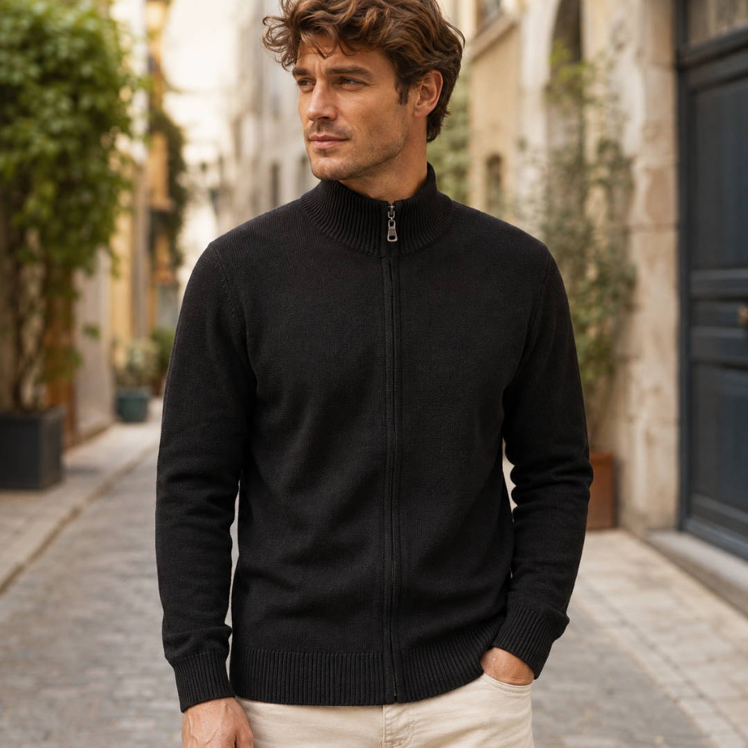 Gilet homme zippé noir fermé, col montant côtelé et poignets en côtes