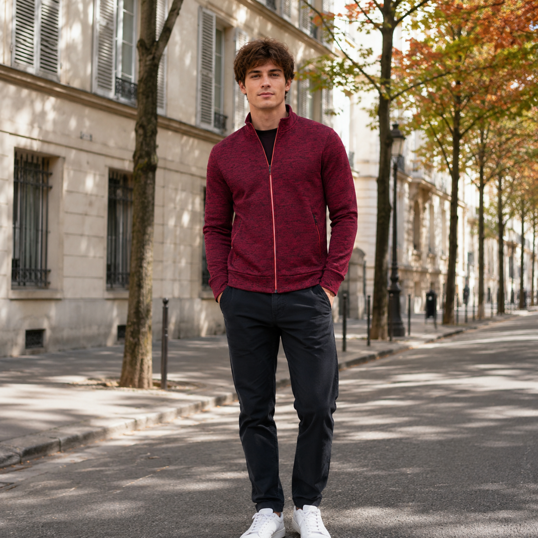 Gilet homme rouge chiné zippé à col montant et bas côtelé