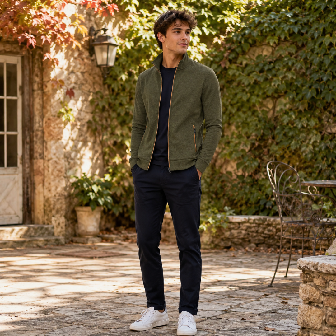 Gilet homme vert à col montant, fermeture zippée et poche latérale zippée