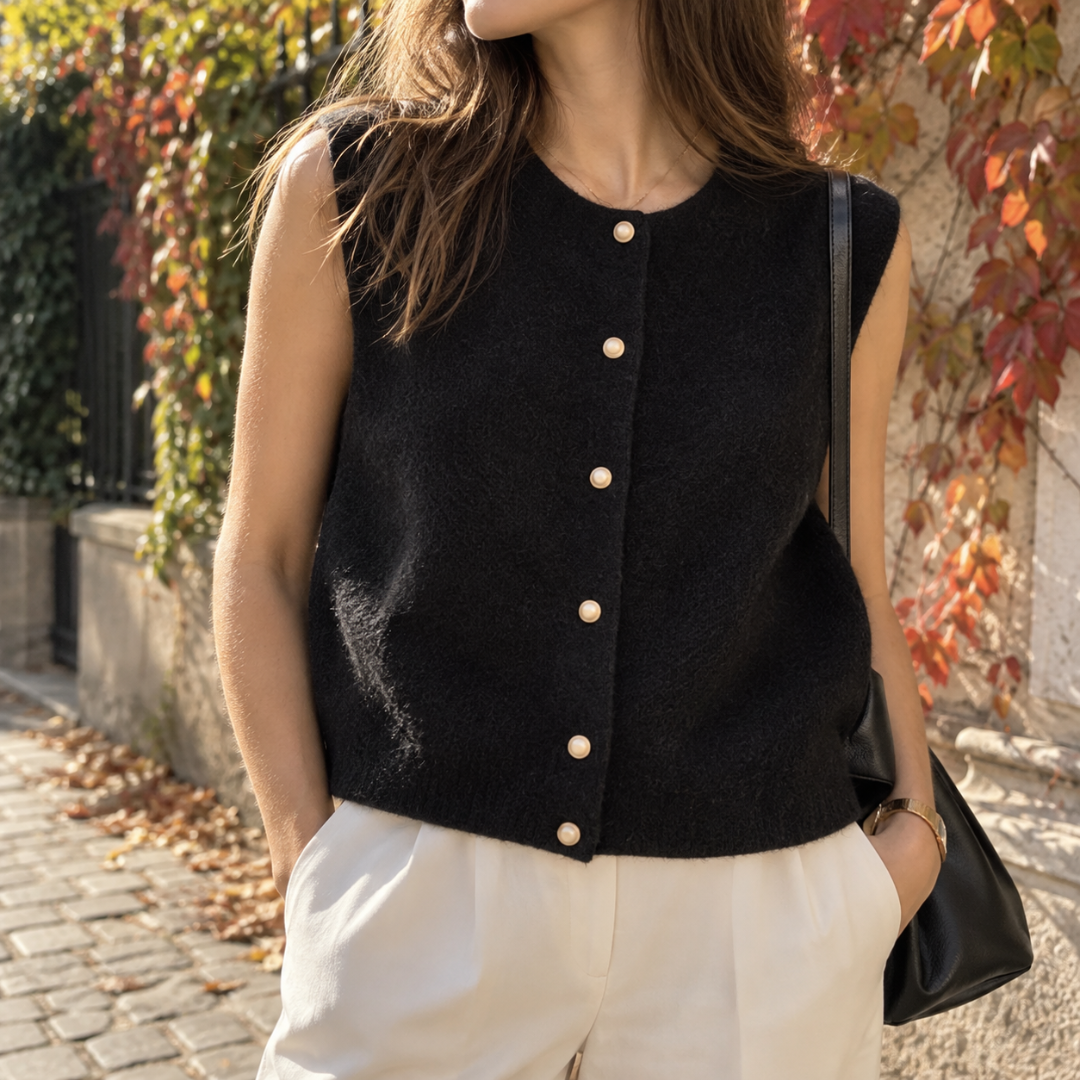 Gilet sans manches noir en maille avec boutons ronds clairs et col rond
