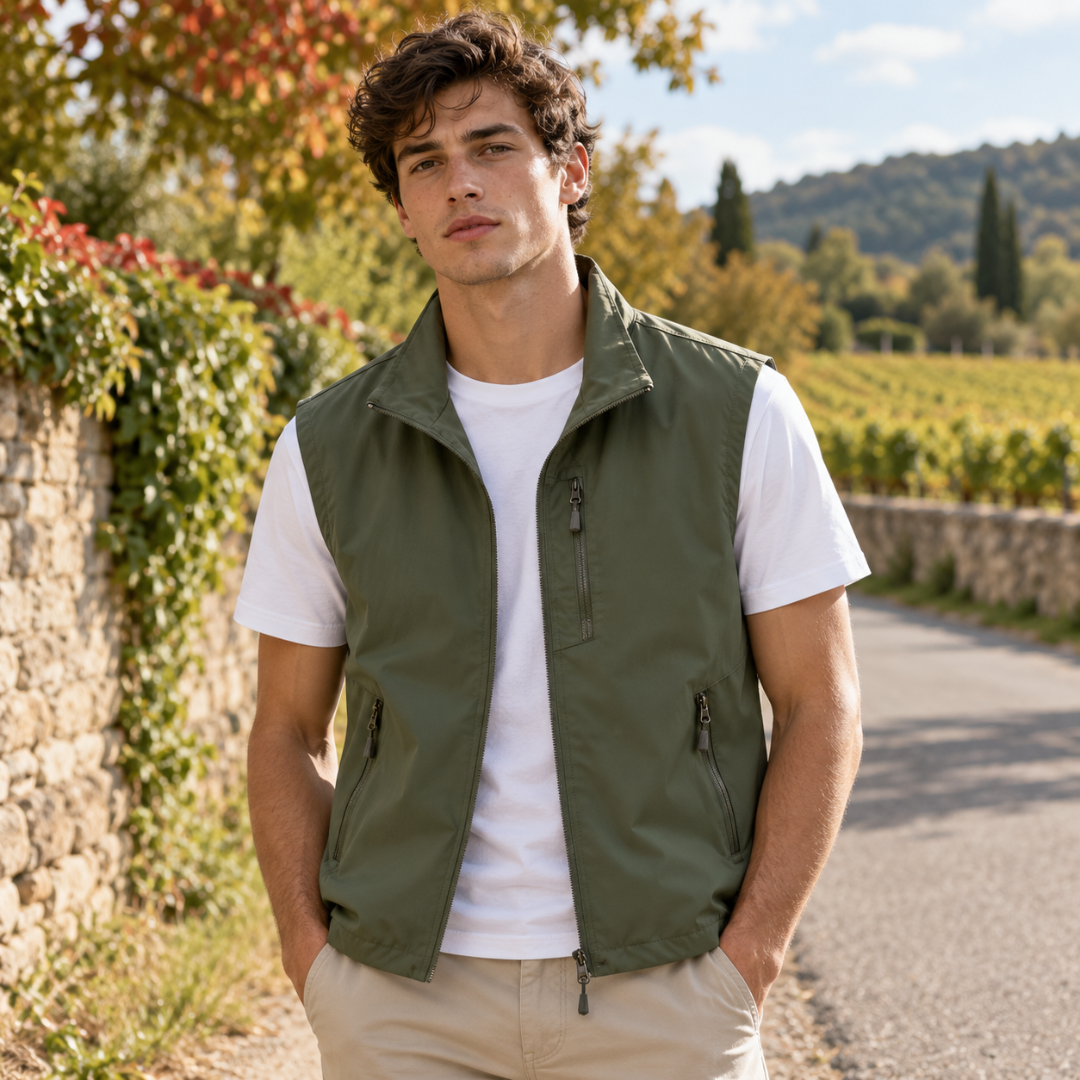 Gilet sans manches vert militaire à col montant, ouvert sur un t-shirt blanc