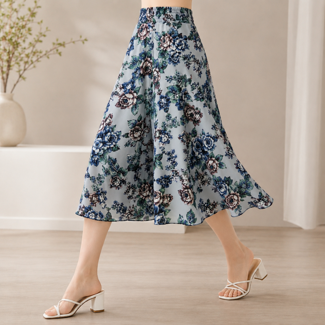 Jupe-culotte fleurie bleu clair en mouvement, coupe évasée mi-mollet, vue de profil