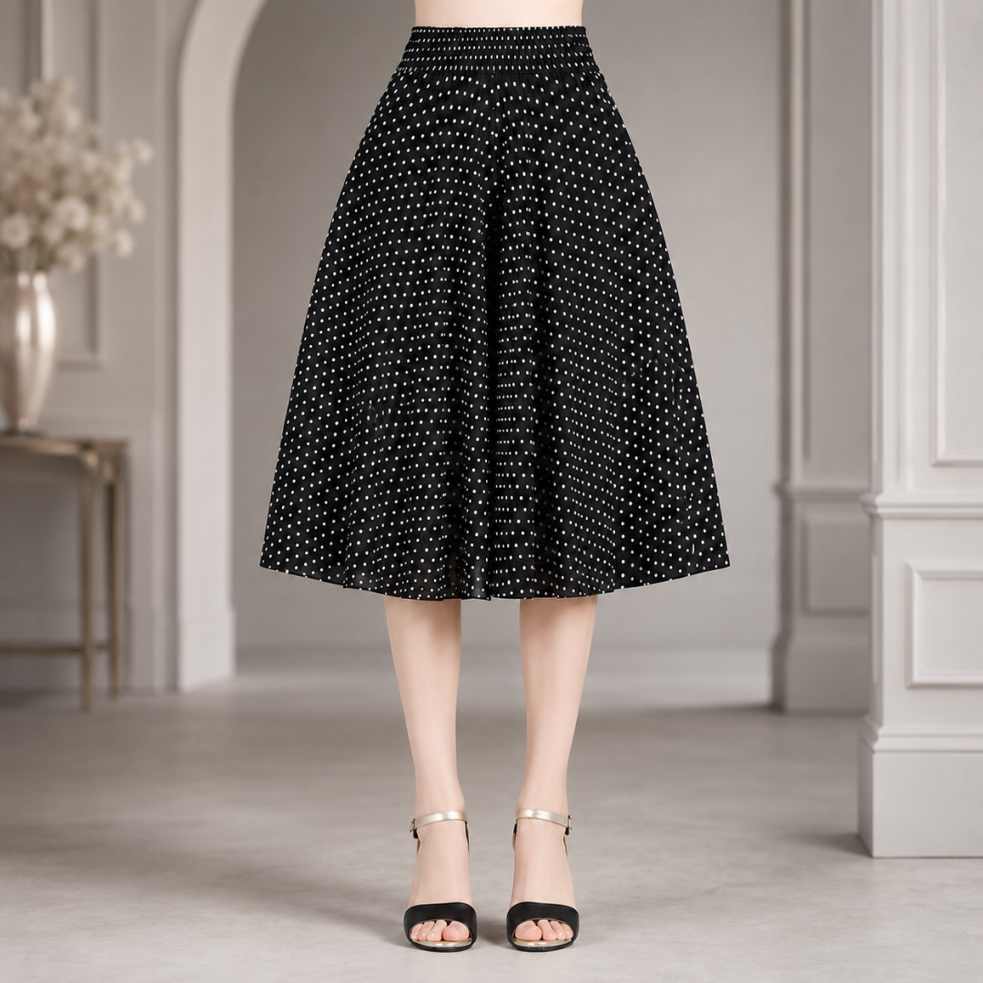 Jupe-culotte noire à pois blancs, taille haute élastiquée et tombé évasé