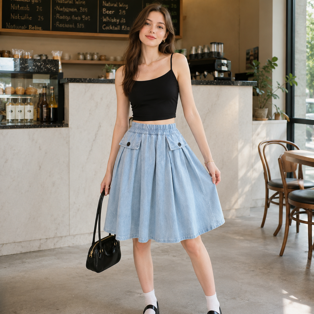 Jupe-culotte femme bleu clair évasée vue de face avec fausses poches boutonnées