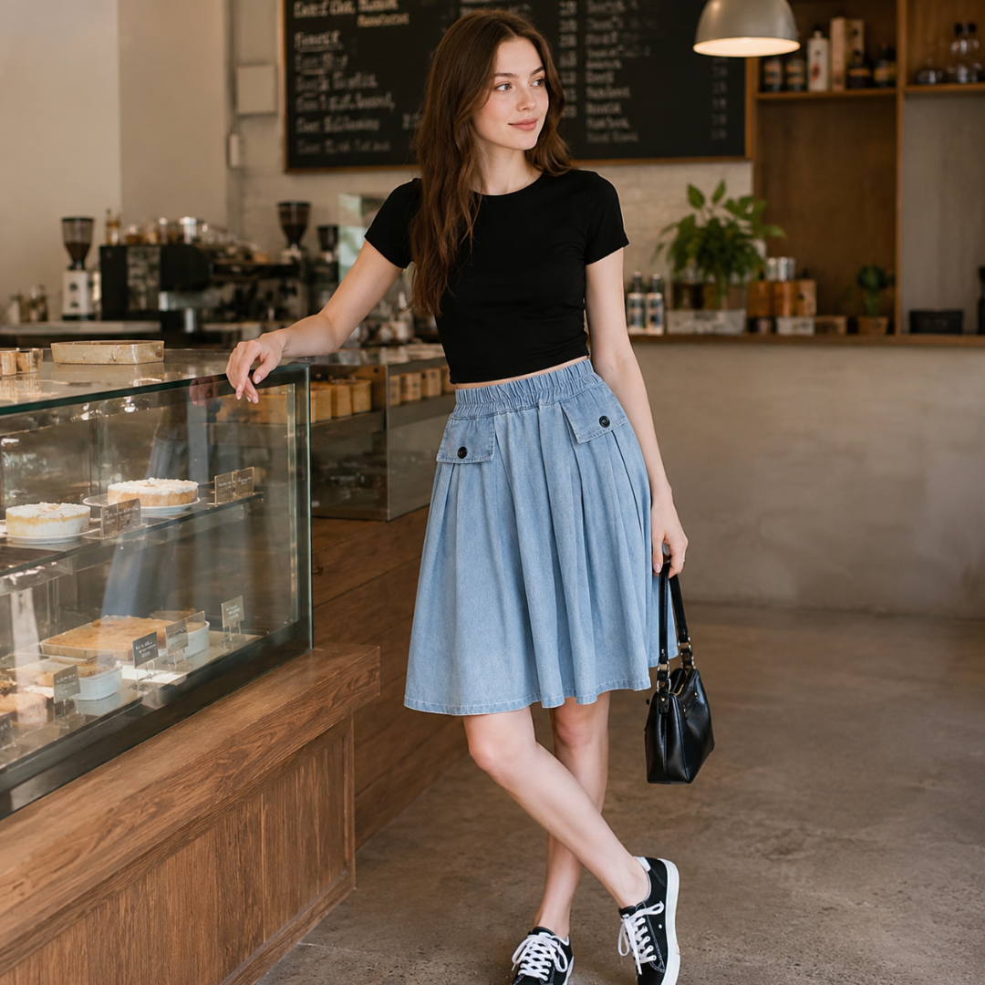Jupe-culotte femme bleu clair portée avec baskets et top noir près du comptoir