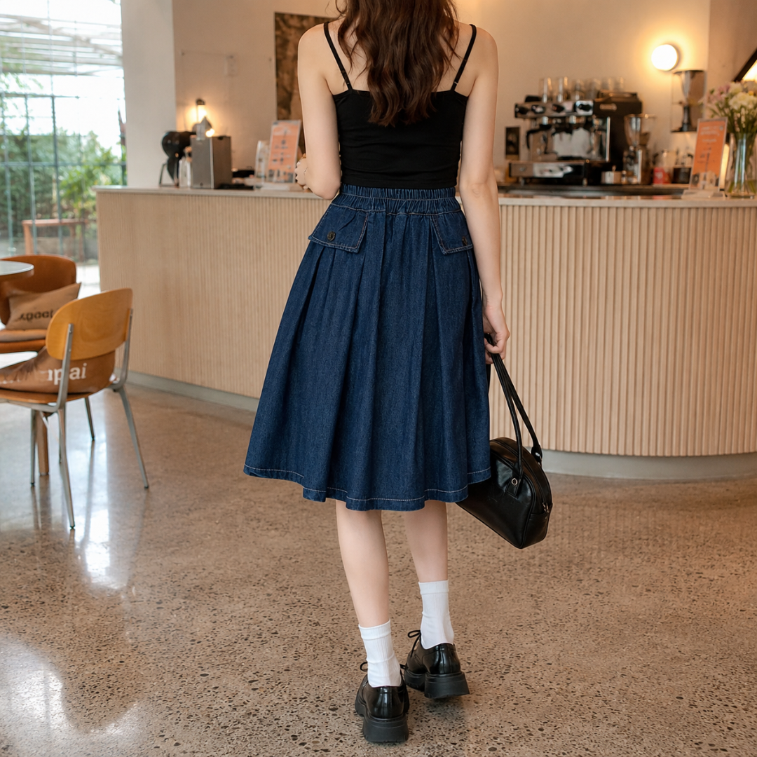 Jupe-culotte femme bleu foncé vue de dos avec taille élastique et poches à rabat