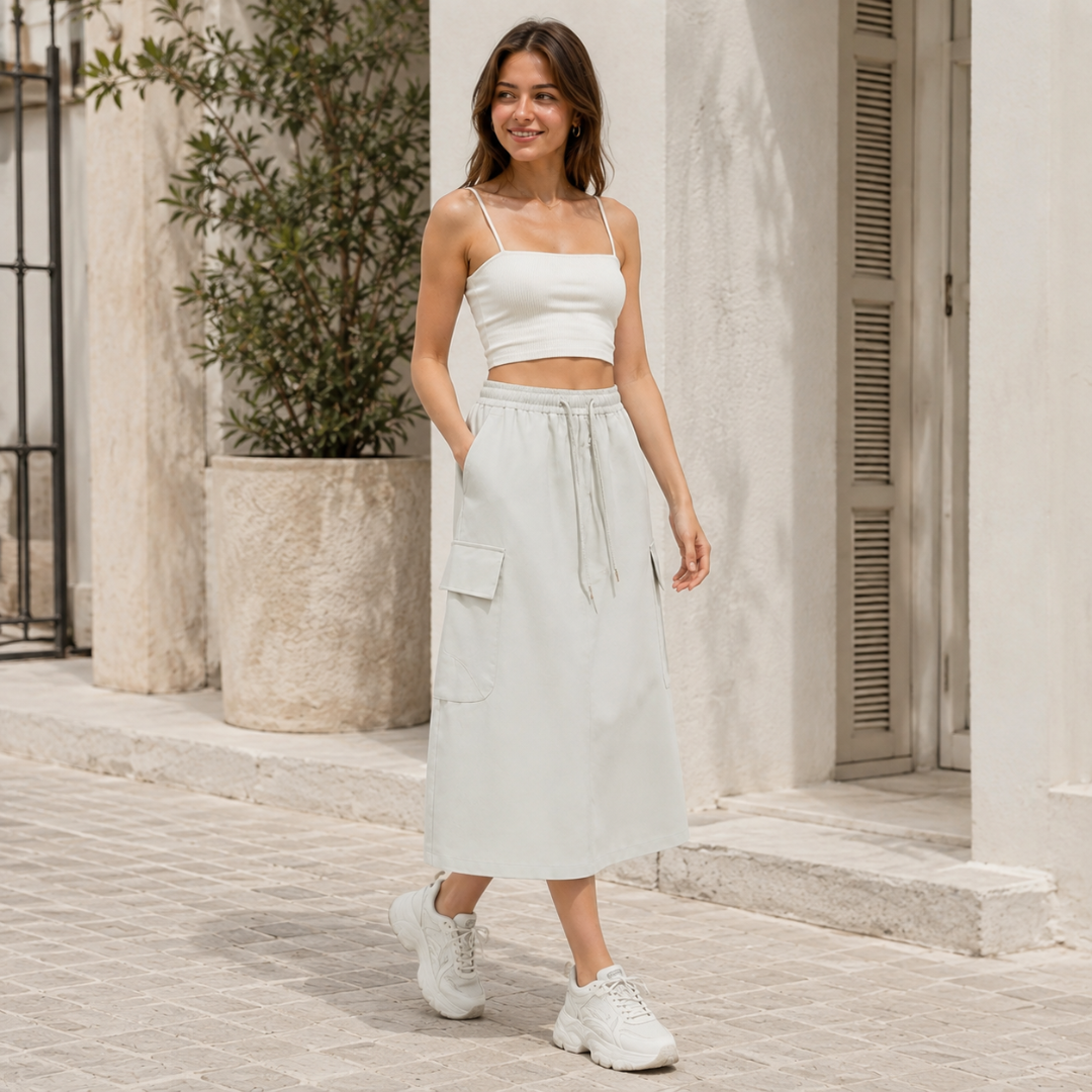 Jupe longue blanche en mouvement dans la rue, cordon noué à la taille