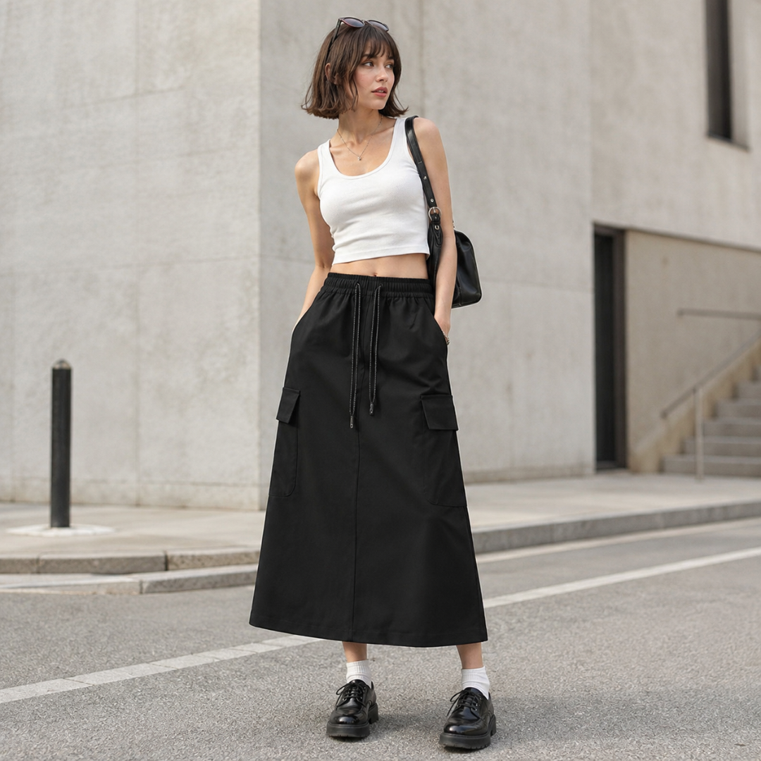 Jupe longue noire cargo avec cordon de serrage, portée avec derbies et chaussettes