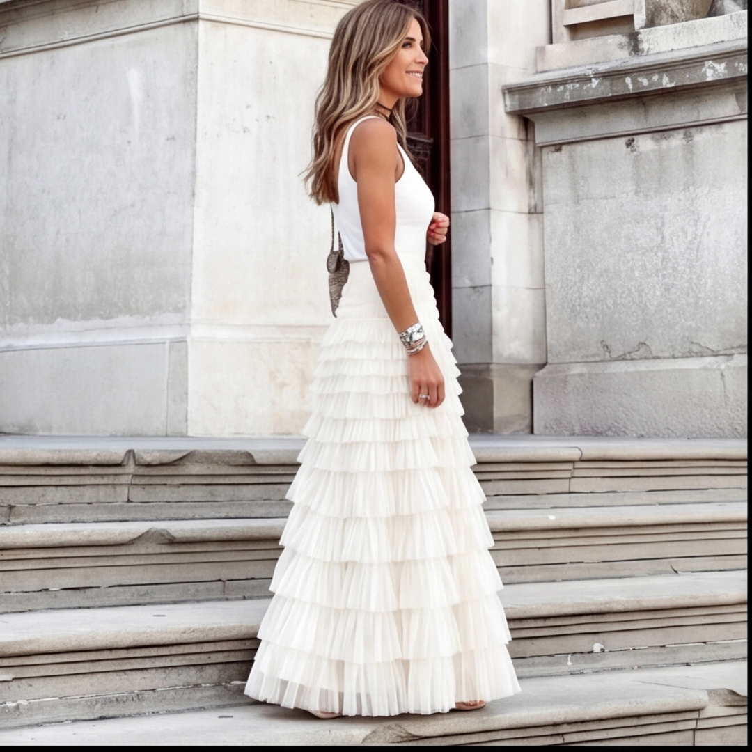 Vue de face jupe tulle blanc évasée maxi à volants