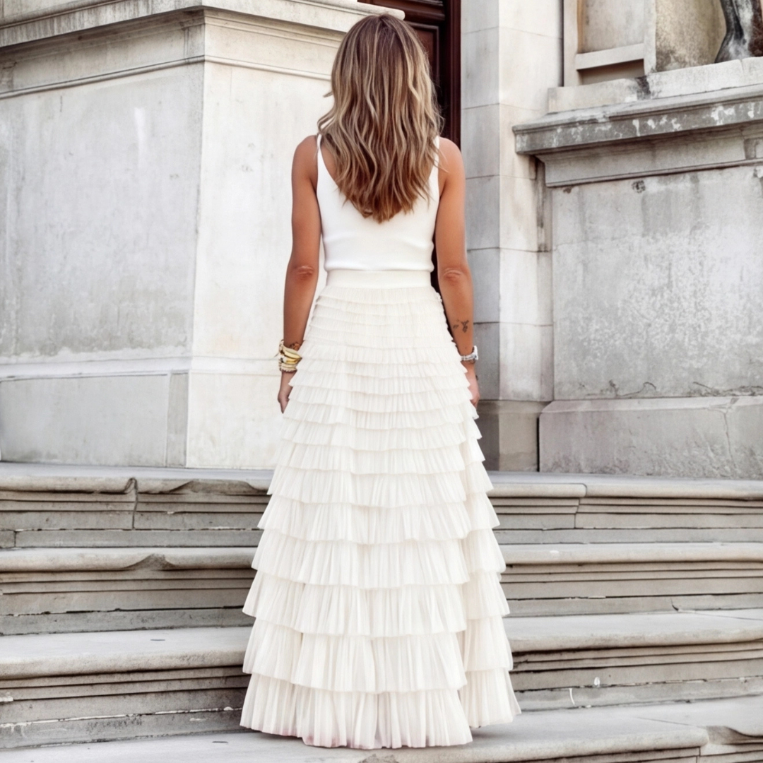 Jupe tulle blanc cérémonie volants superposés longueur sol
