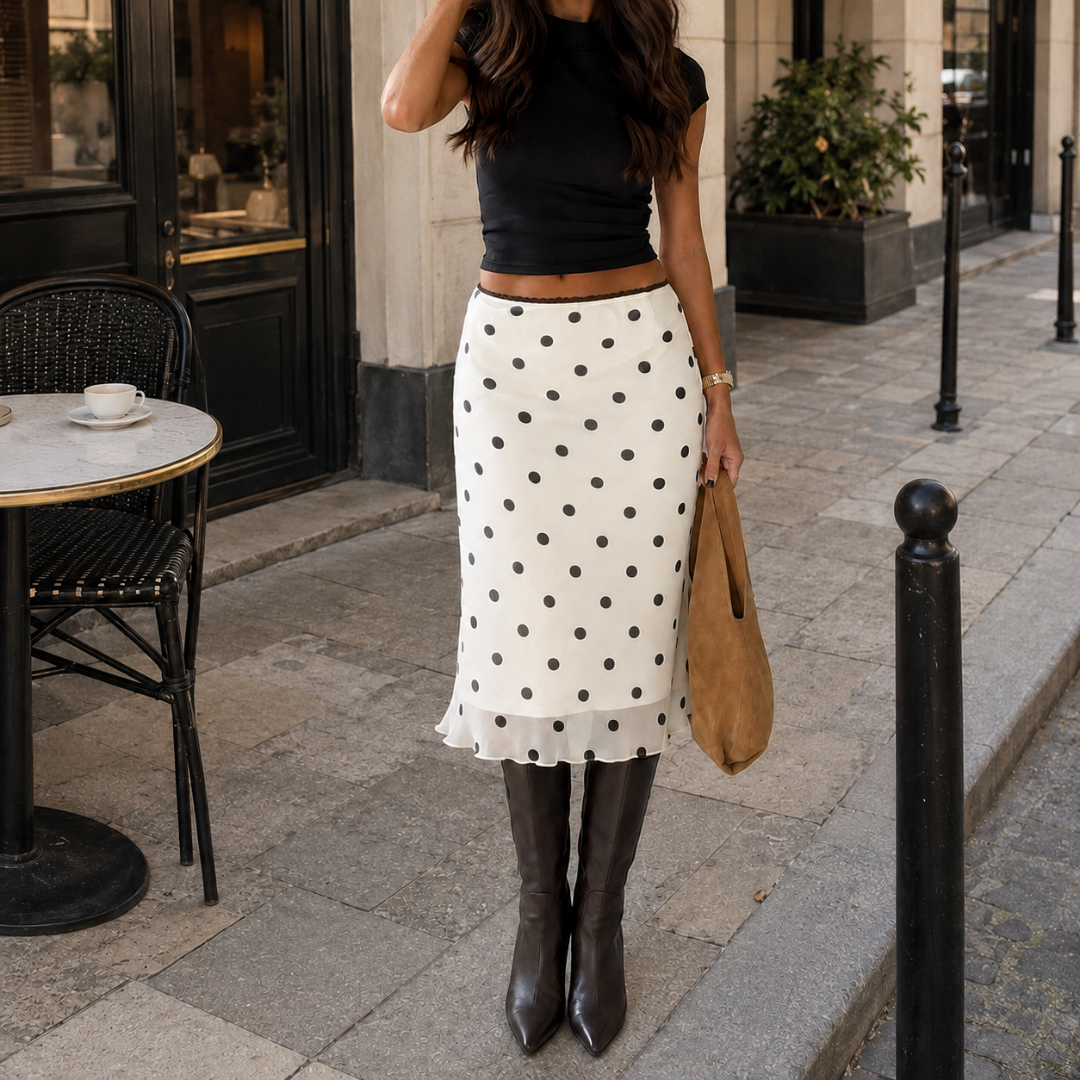 Jupe midi blanche à pois portée en ville avec top noir et bottes
