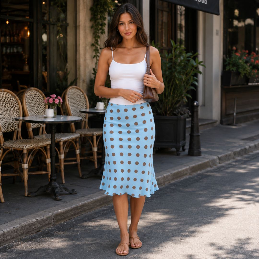 Jupe midi bleu clair à pois portée avec caraco blanc en terrasse