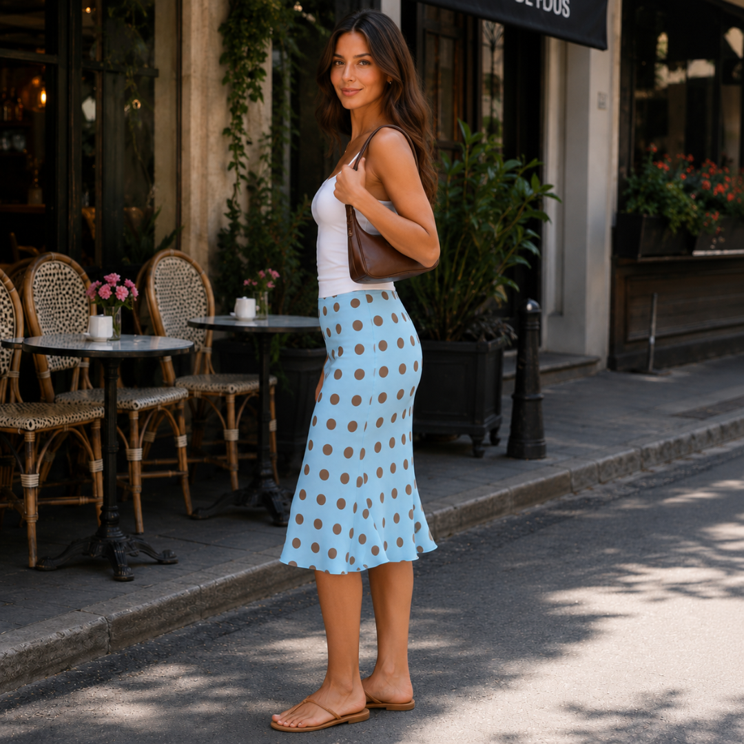 Vue de profil de la jupe midi bleu clair à pois à ourlet évasé
