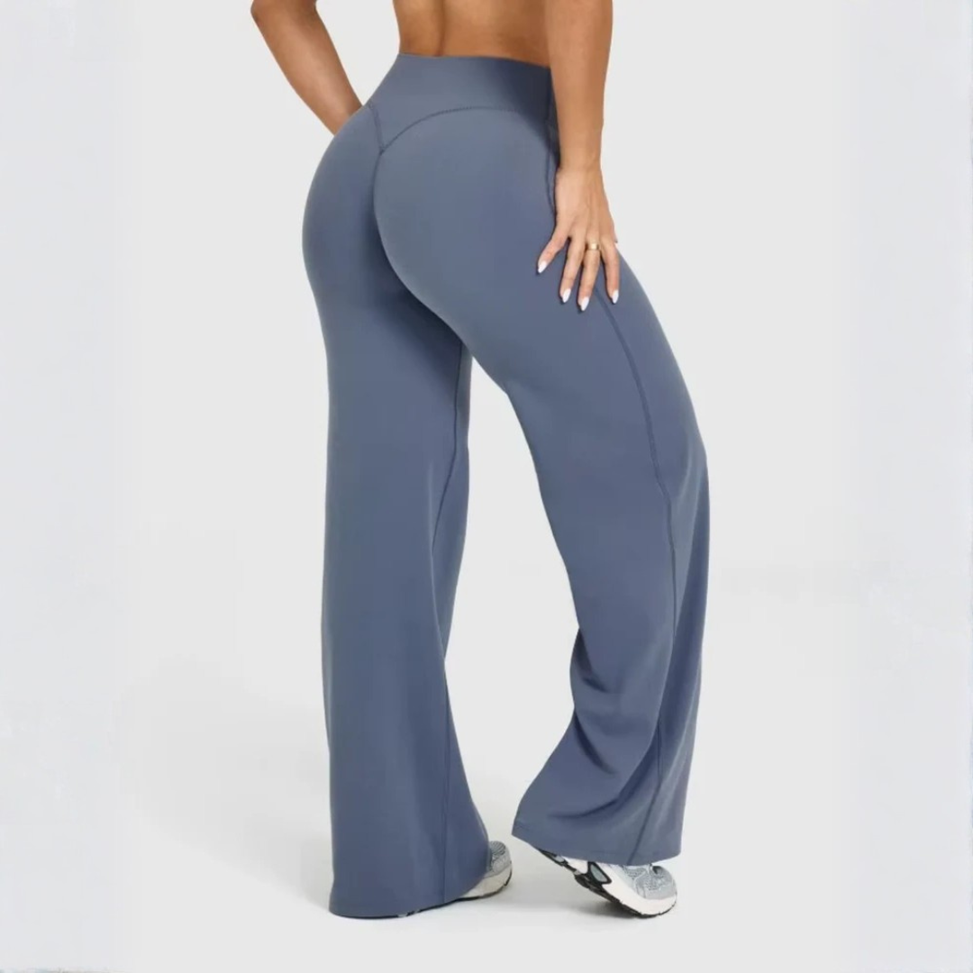 Legging femme flare taille haute bleu gris, vue de dos scrunch