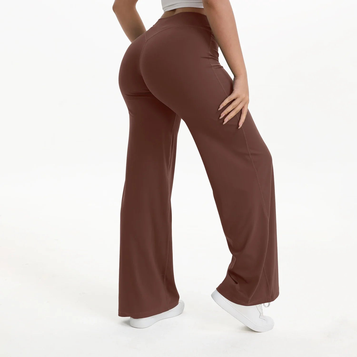 Legging flare marron café taille haute, coupe évasée