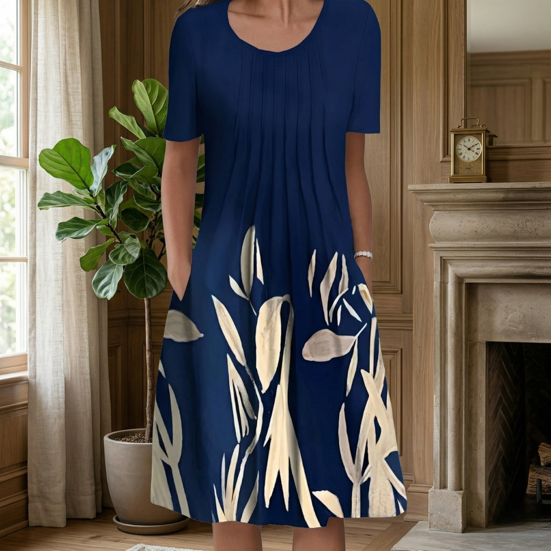 Robe Femme Mi-Longue Col Rond Manches Courtes Casual Imprimé Floral Bleu Marine | Éloïne