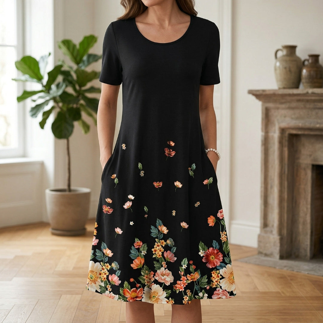 Robe Femme Mi-Longue Col Rond Manches Courtes Casual Imprimé Floral Noir | Éloïne
