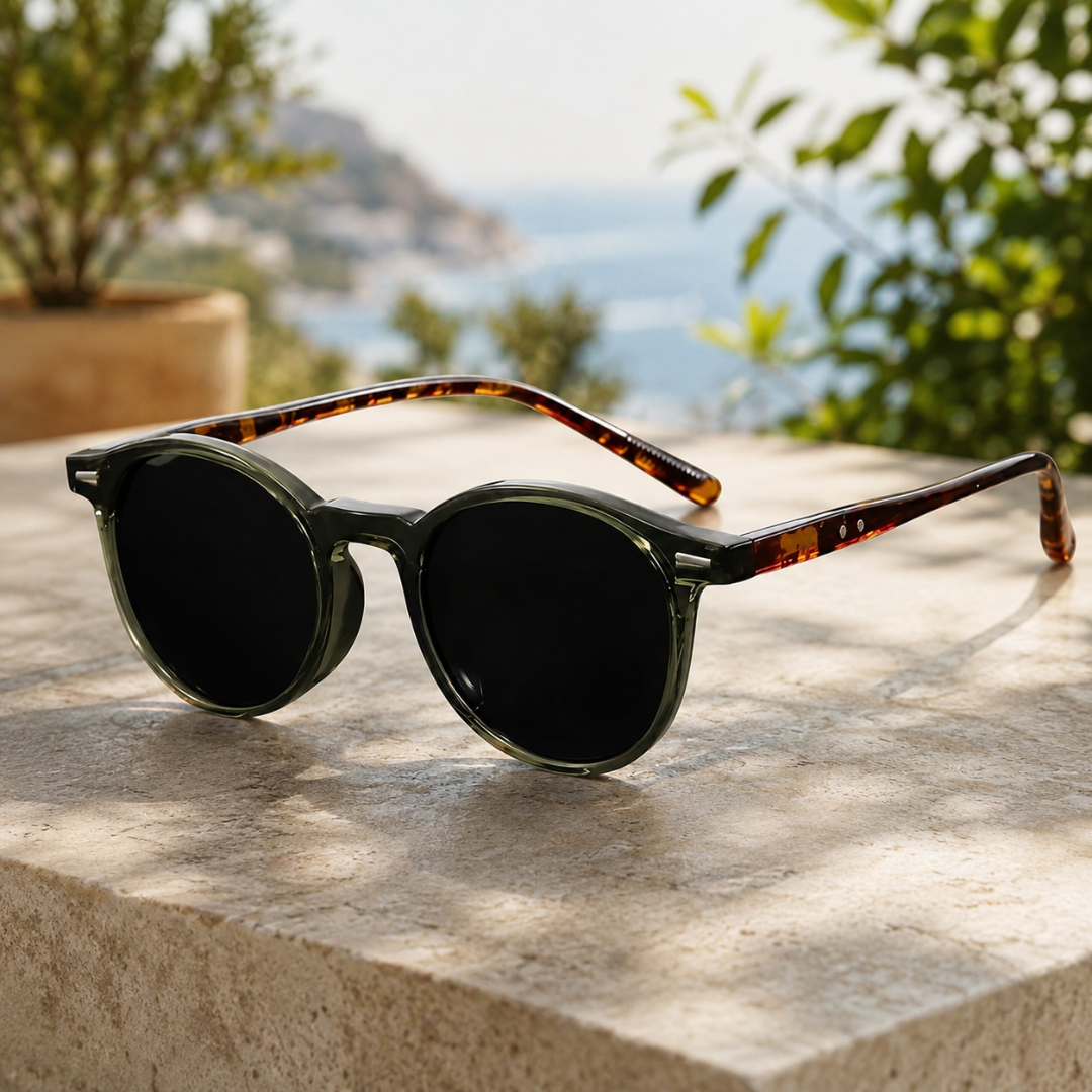 Lunettes de soleil rondes à monture verte posées sur une surface en pierre claire en extérieur