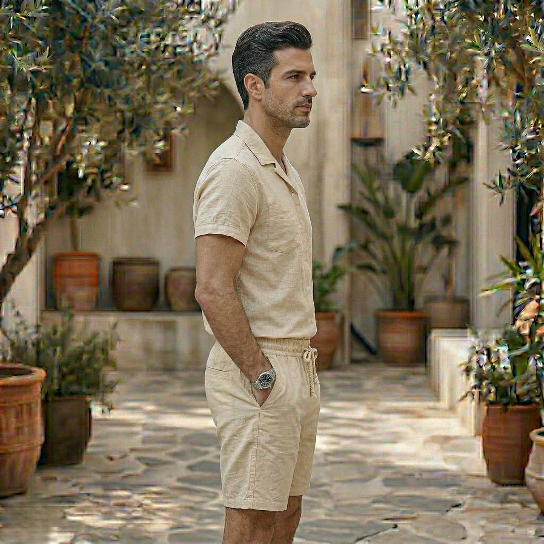 Ensemble homme short et chemise kaki clair de profil dans un patio