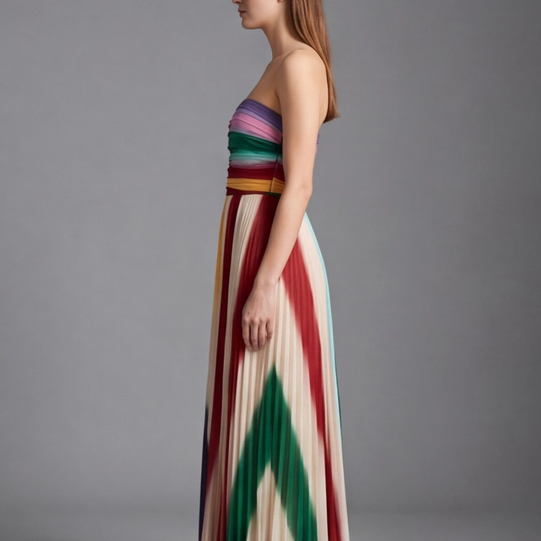 Robe longue multicolore sans bretelles, vue de face, coupe fluide été