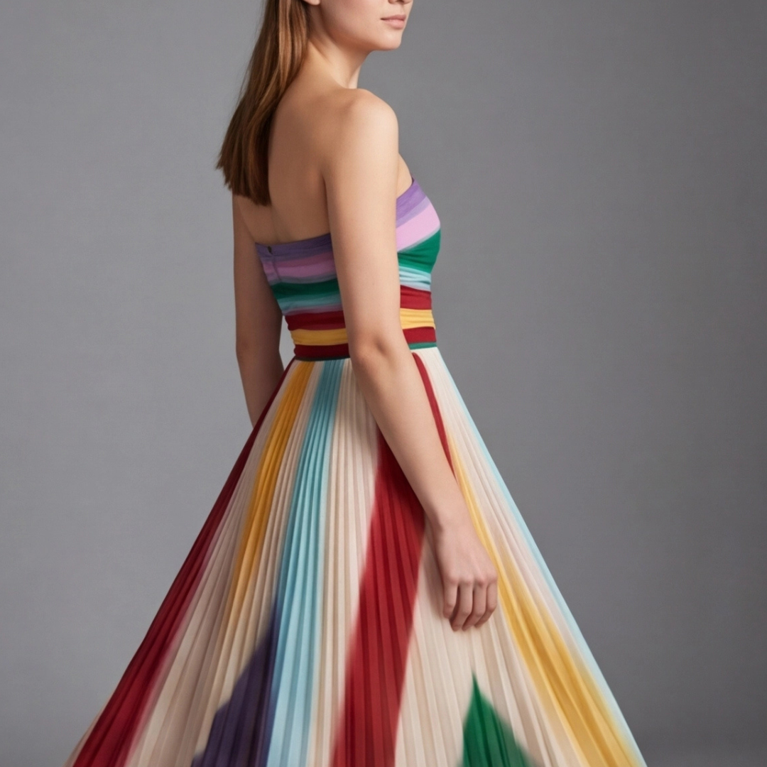 Robe rayures multicolores sans bretelles, vue de côté, longueur maxi