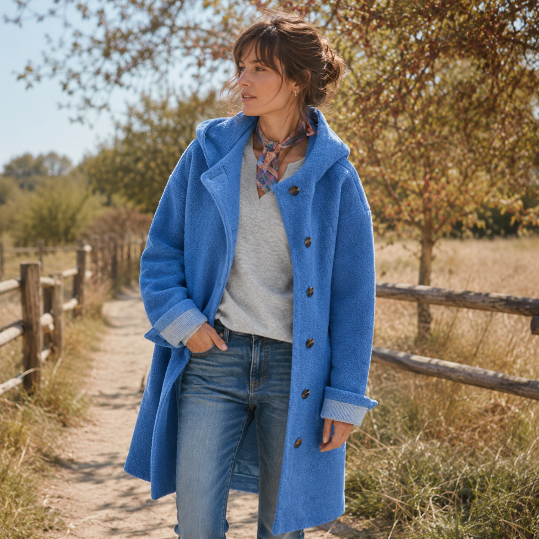 Manteau bleu à capuche, manches retroussées et boutons sur le devant