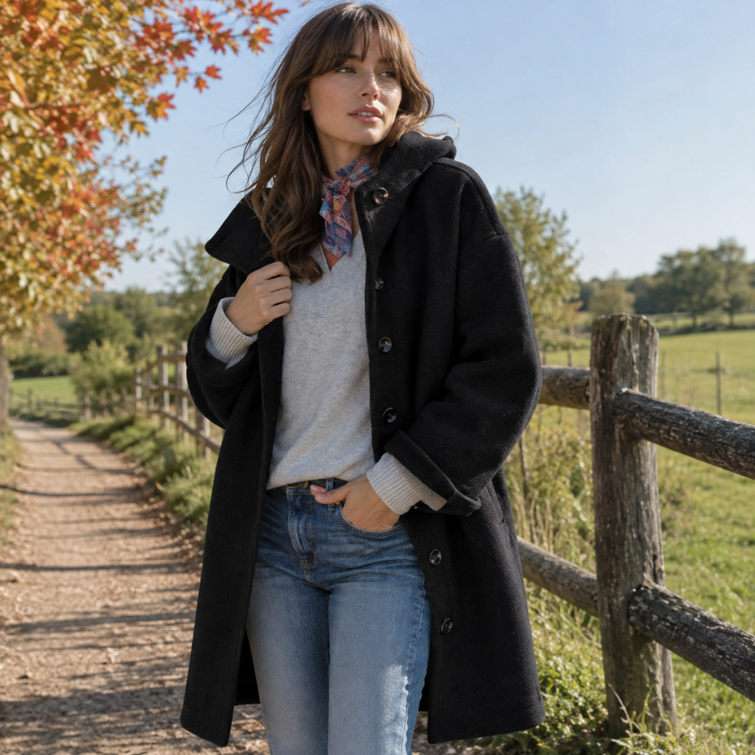 Manteau noir à capuche porté avec un pantalon bleu clair, boutonnage devant