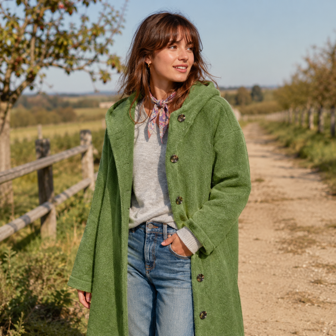 Manteau vert long à capuche, boutonnage devant et manches longues