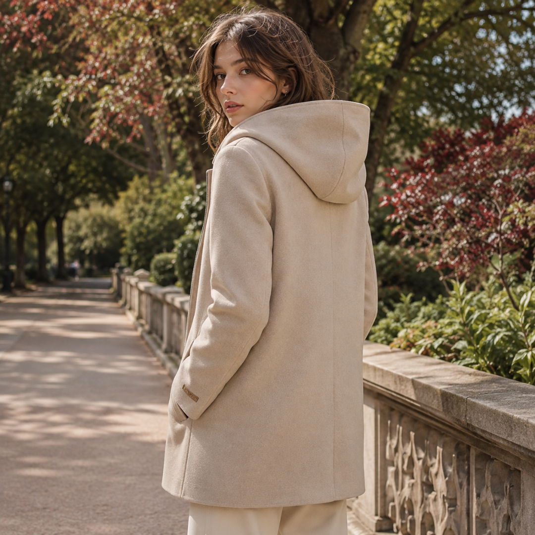 Dos du manteau femme beige montrant la capuche volumineuse et les coutures verticales