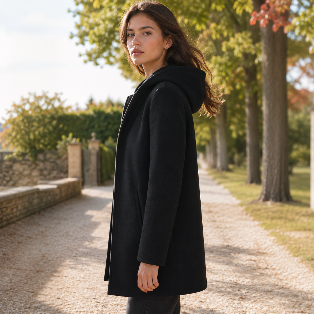 Profil du manteau noir à capuche montrant la fermeture zippée et la manche longue