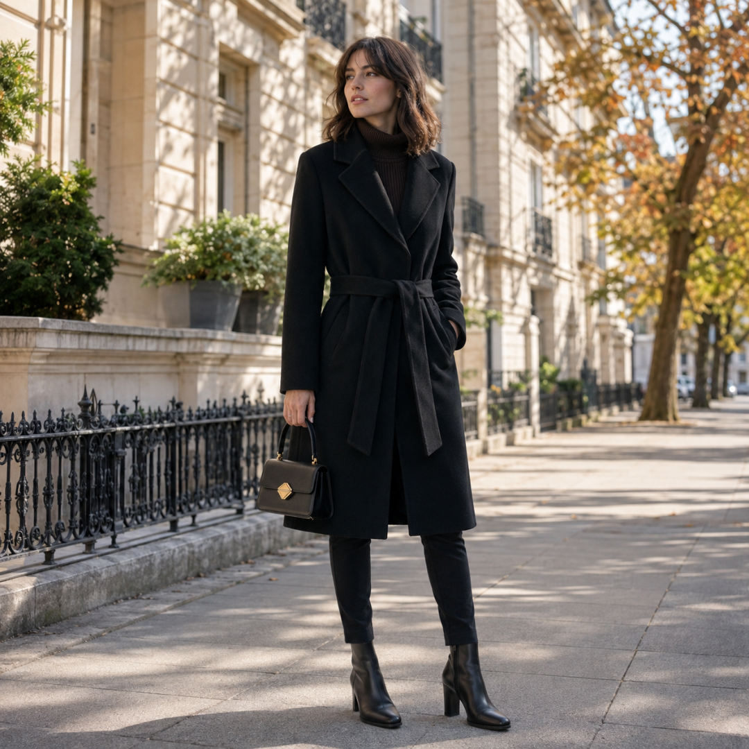 Manteau femme noir long à col tailleur et ceinture nouée, allure urbaine