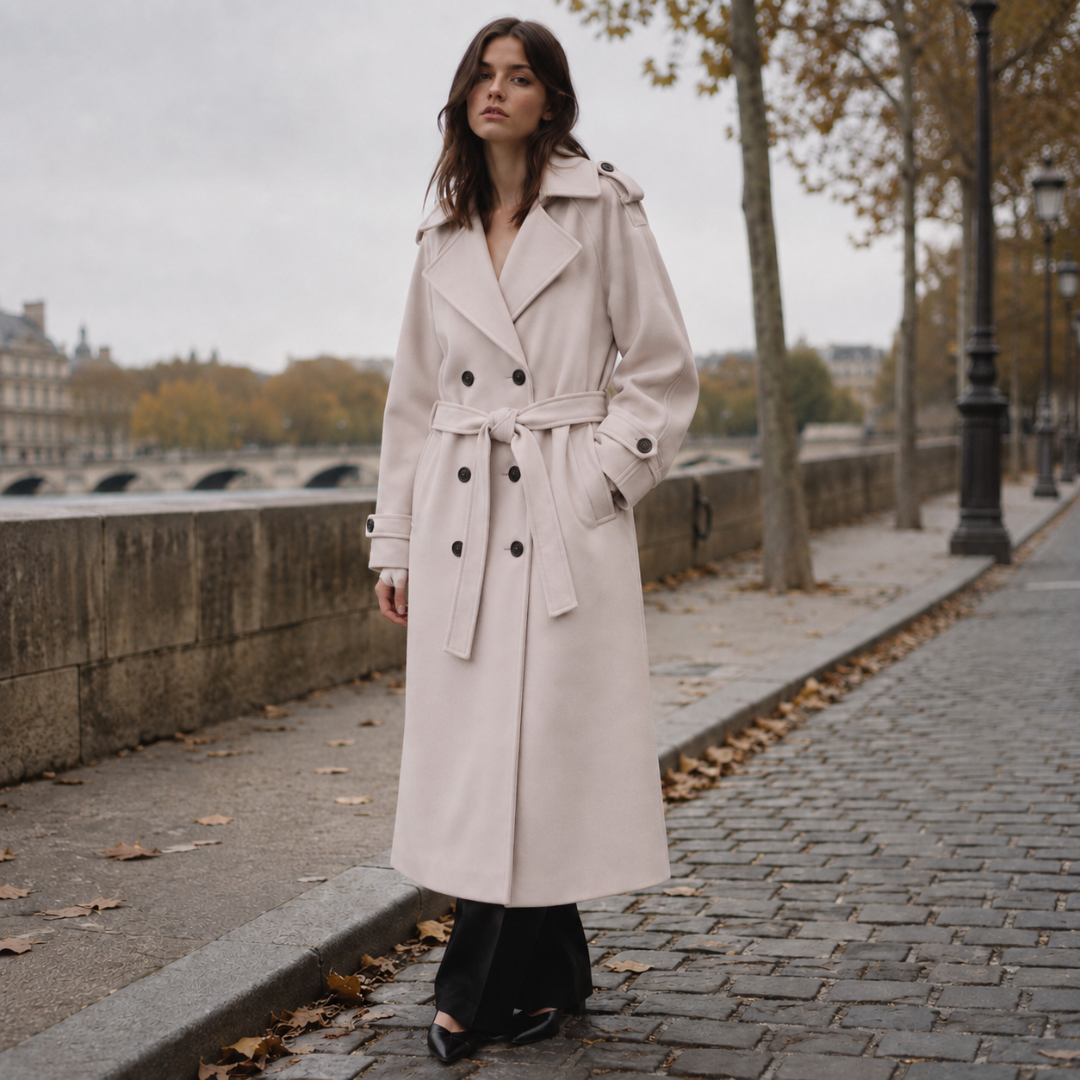 Manteau long beige à double boutonnage, large col cranté et ceinture nouée