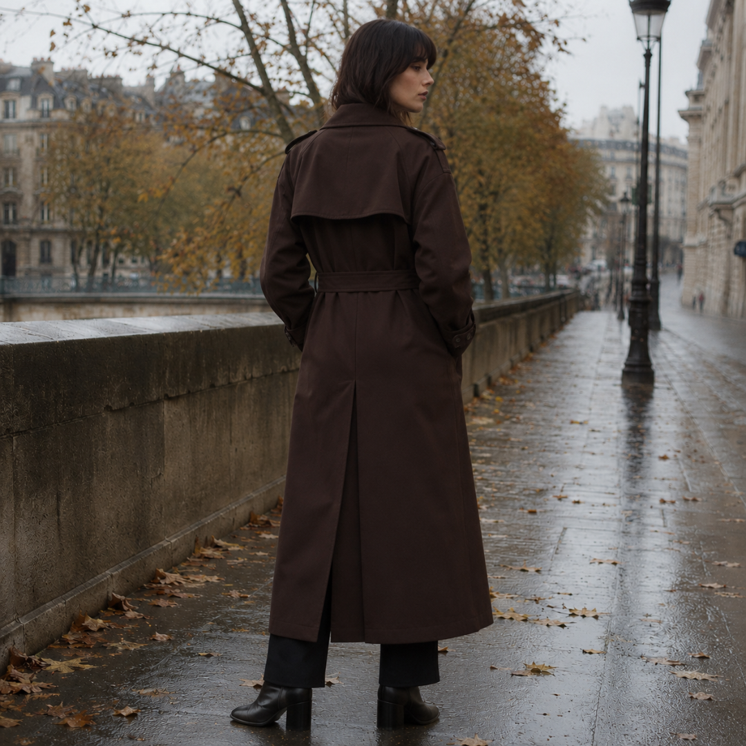 Dos du manteau long marron foncé avec empiècement, ceinture et fente centrale