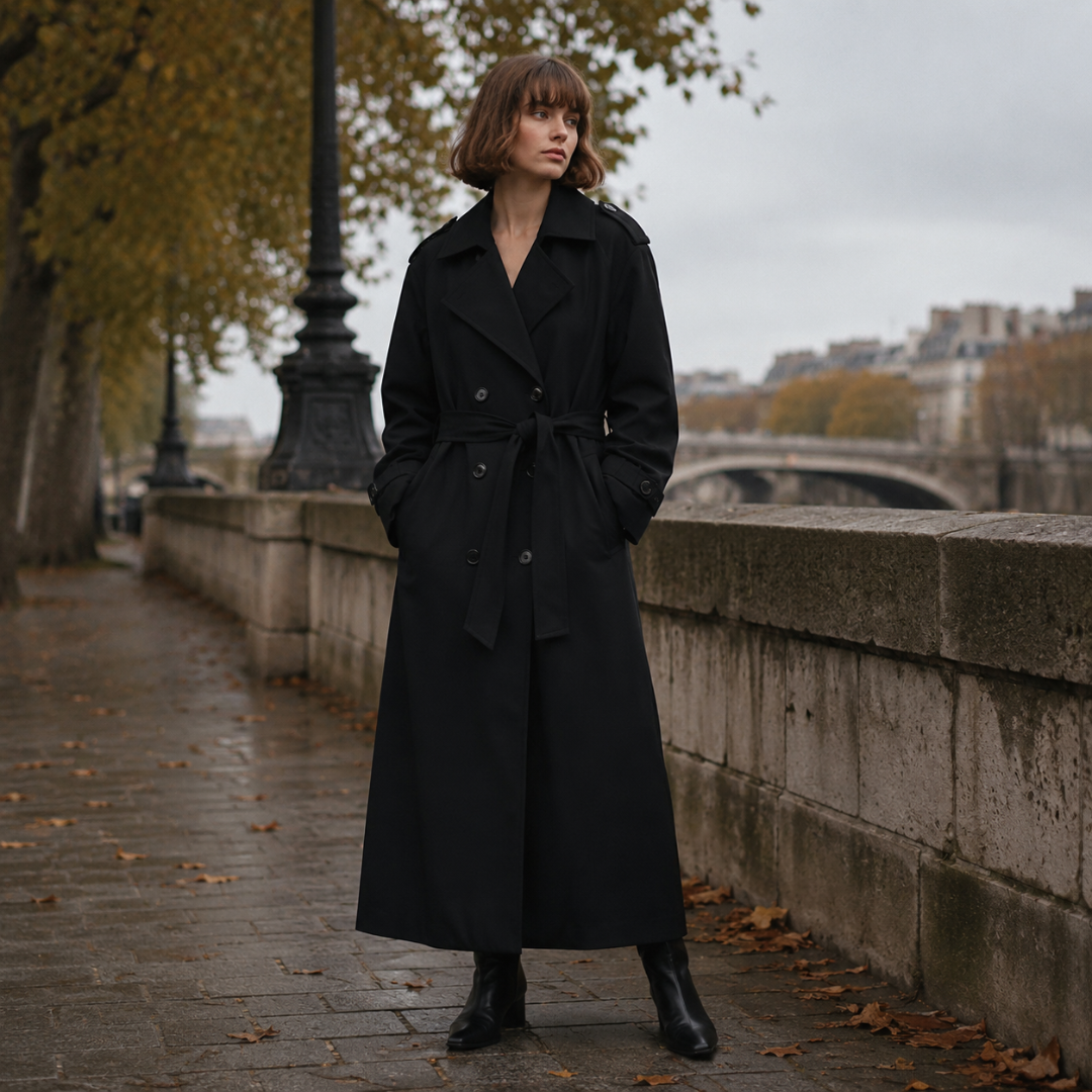 Manteau long noir ceinturé à double boutonnage porté avec des bottines noires