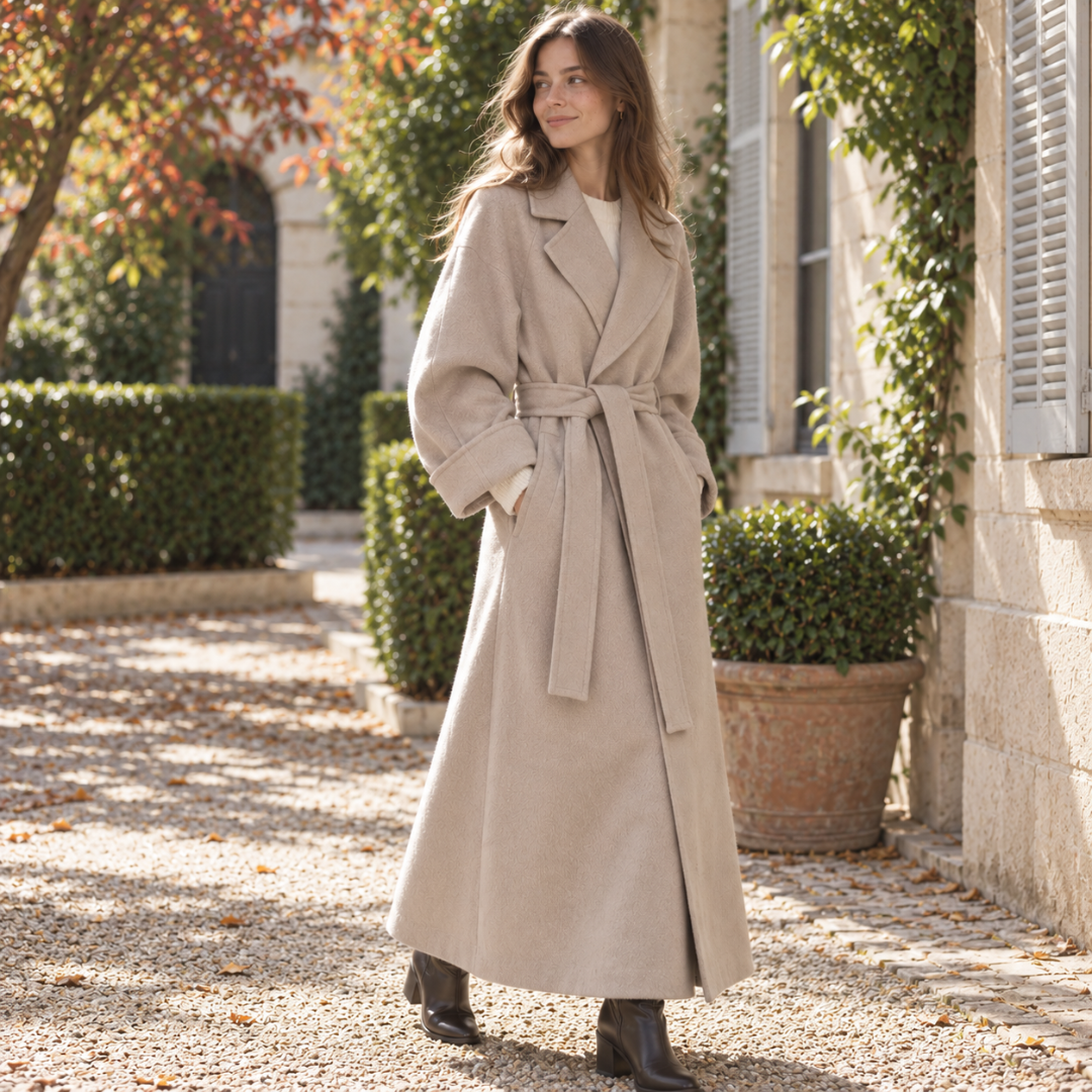 Manteau femme abricot à larges revers et ceinture nouée à la taille
