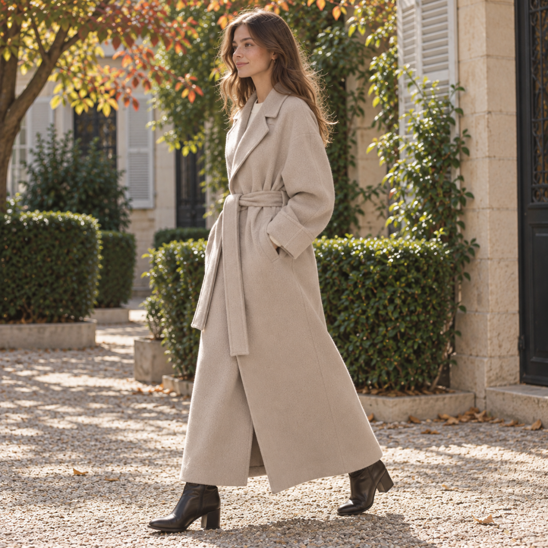 Profil du manteau long abricot ceinturé, poches latérales et bas fluide