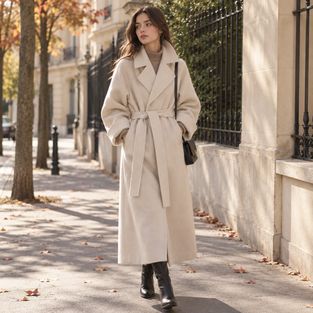 Manteau long femme gris blanc ceinturé, col tailleur et poches latérales en ville