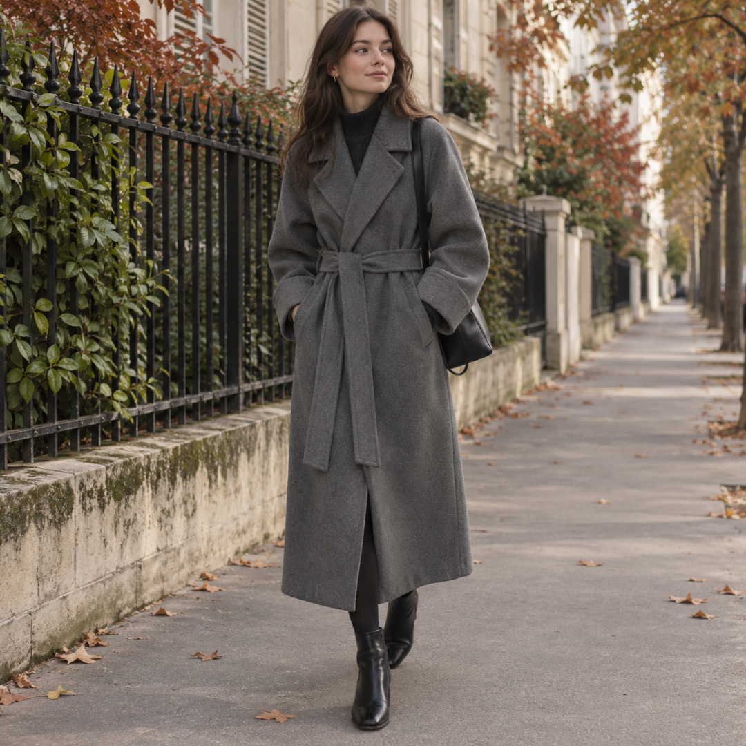 Manteau long gris foncé à col tailleur, ceinture nouée et bottines noires