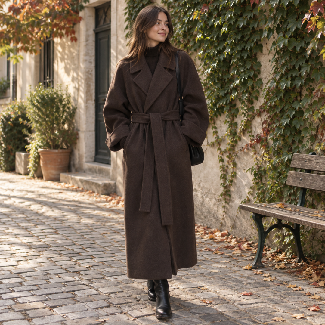 Manteau long marron ceinturé, larges revers et poignets retournés sur pavés