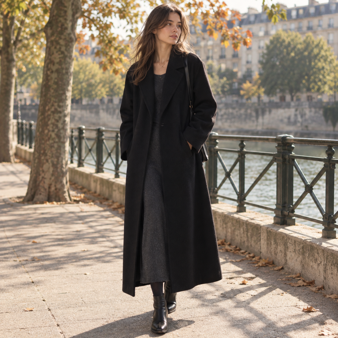 Manteau long noir femme porté ouvert, col tailleur et poches latérales
