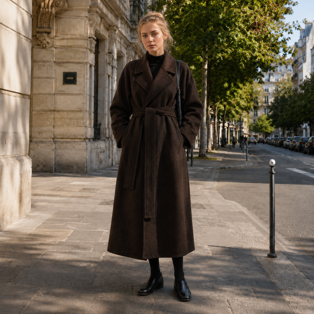 Manteau long femme marron ceinturé, col tailleur à larges revers, vue de face