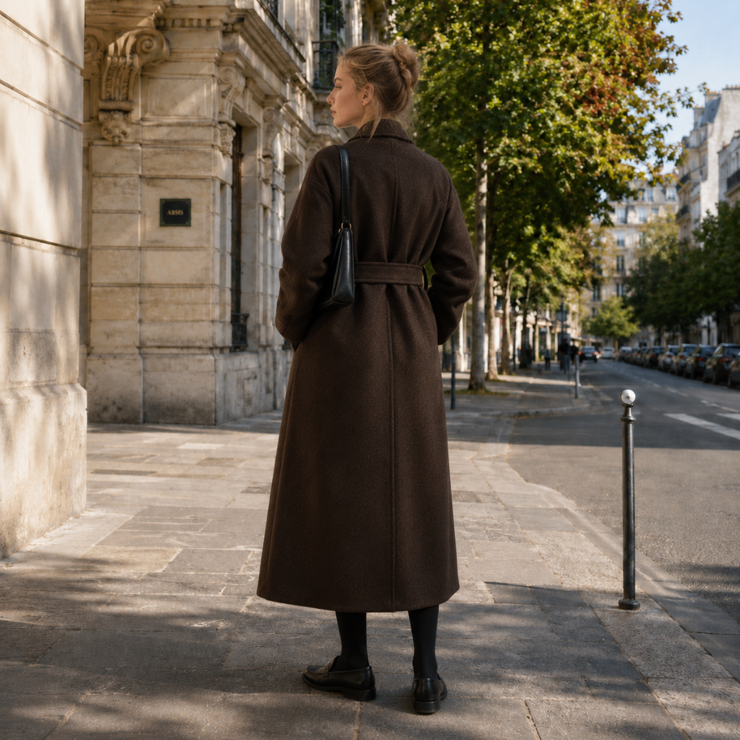 Dos du manteau femme marron avec ceinture et couture centrale sur toute la longueur