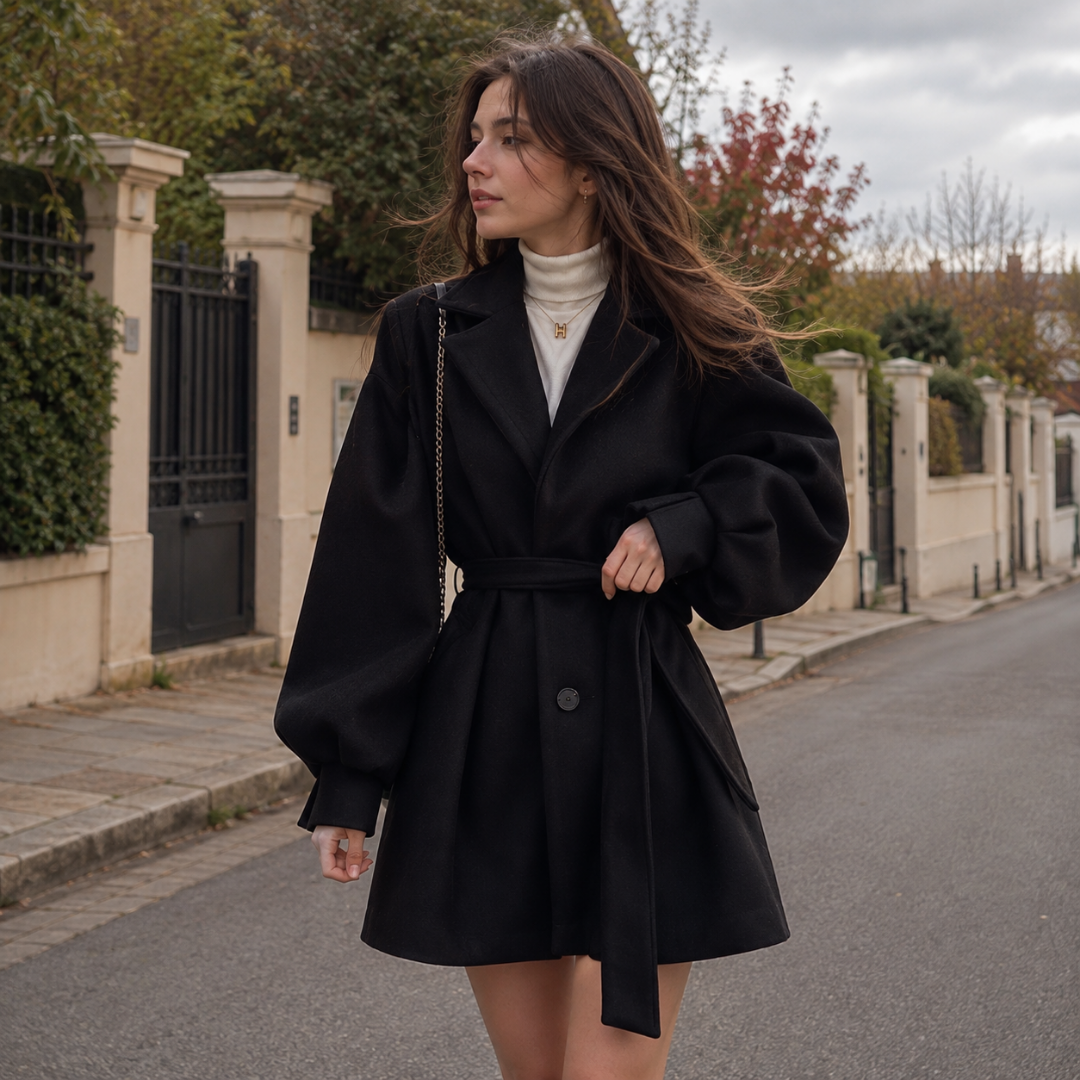 Manteau femme noir court ceinturé à revers larges et manches ballon marquées