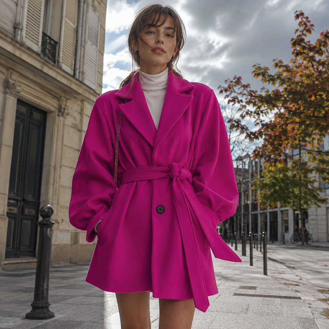 Manteau femme rose vif ceinturé à revers crantés et manches ballon en ville