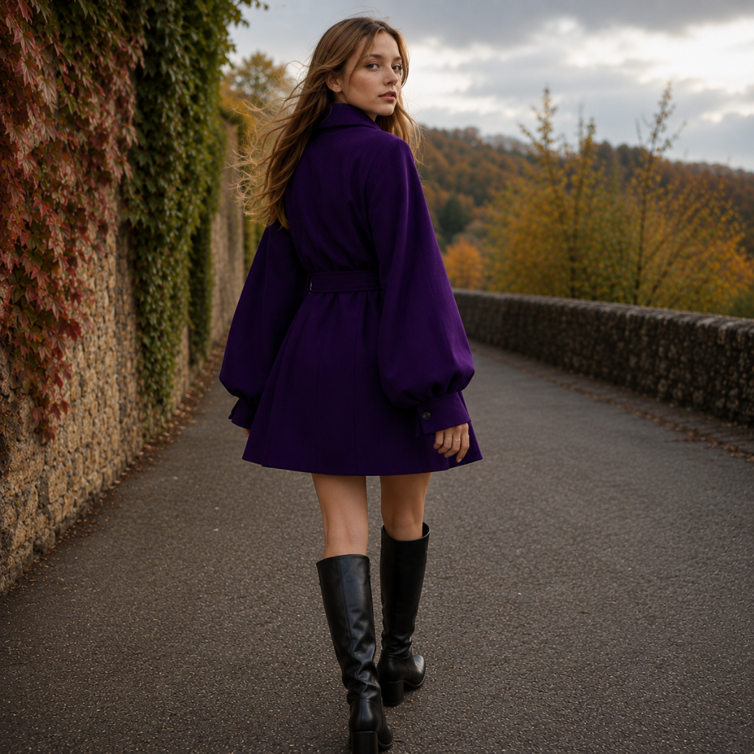 Dos du manteau femme violet avec ceinture à nouer et manches ballon volumineuses