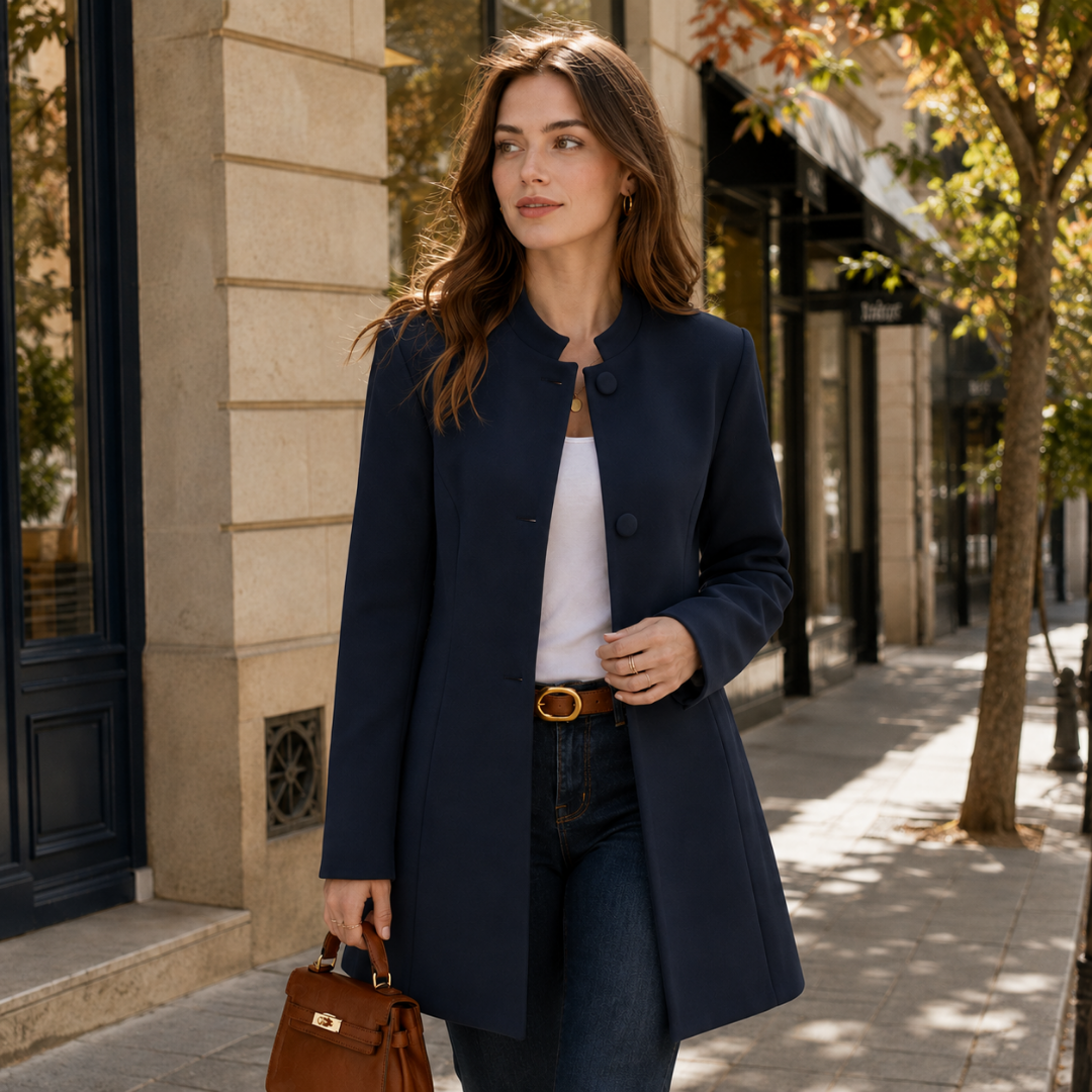 Manteau femme bleu marine mi-long, col officier montant et boutons recouverts ton sur ton
