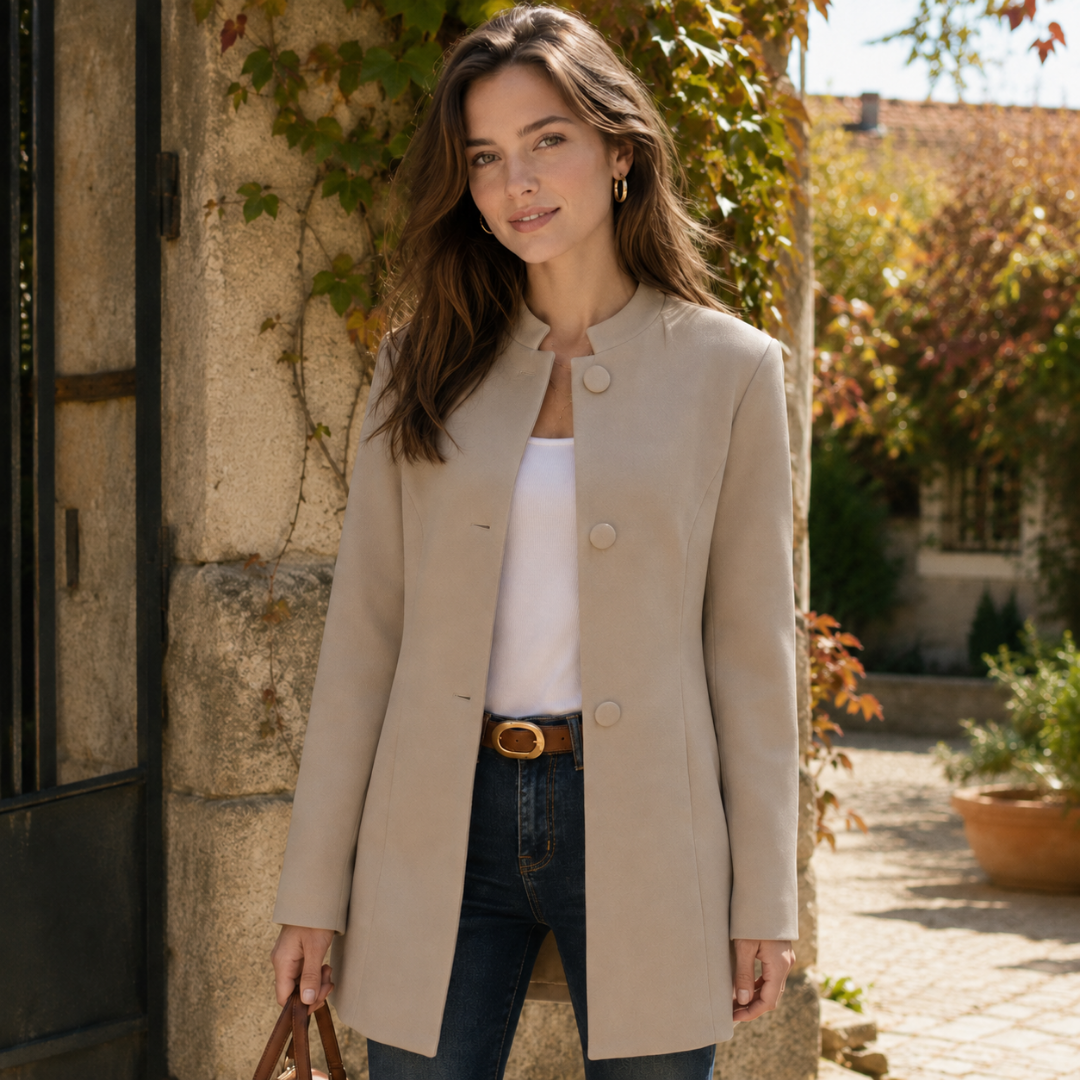 Manteau femme kaki mi-long à col officier, boutons ton sur ton et manches droites