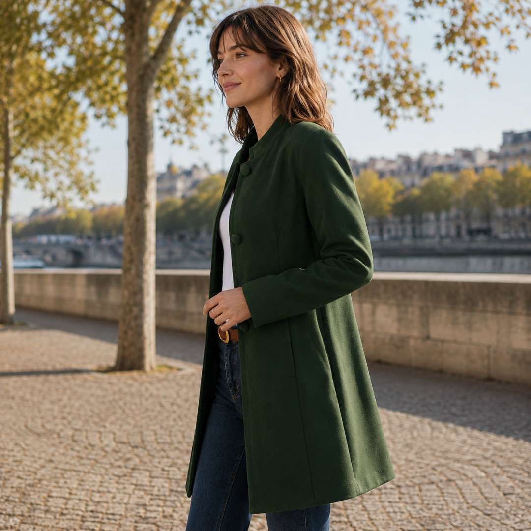 Manteau femme vert mi-long de profil, col officier montant et boutons recouverts